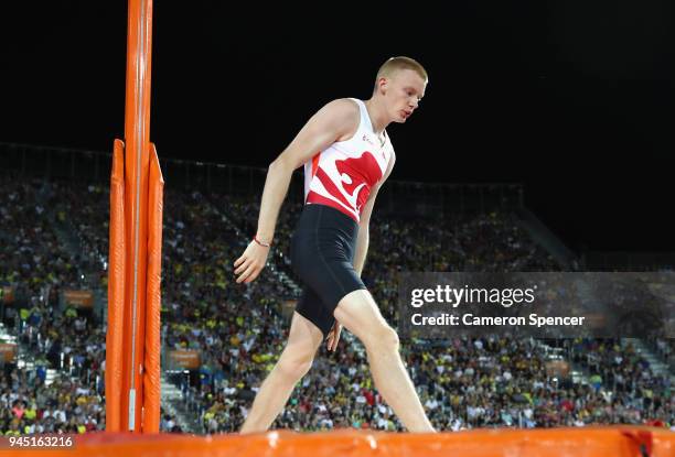 Adam Hague of England reacts in the Men's Pole Vault final during athletics on day eight of the Gold Coast 2018 Commonwealth Games at Carrara Stadium...