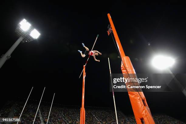 Adam Hague of England fails with an attempt in the Men's Pole Vault final during athletics on day eight of the Gold Coast 2018 Commonwealth Games at...