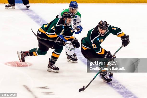 Roman Uchyn, of St Norbert comes away with the puck after taking it from Danny Eruzione, of Salve Regina, during the Division lll Men's Ice Hockey...