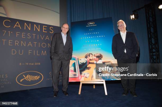 Pierre Lescure and Thierry Fremaux pose with the Cannes Film Festival Official Poster of the 71th edition after the Cannes Film Festival Press...