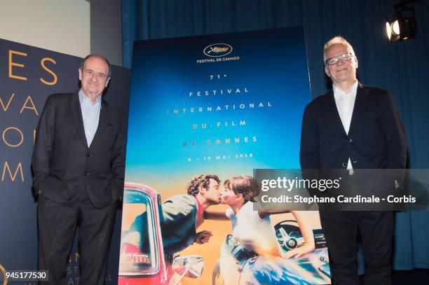 Pierre Lescure and Thierry Fremaux pose with the Cannes Film Festival Official Poster of the 71th edition after the Cannes Film Festival Press...