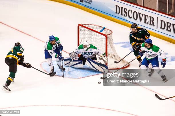 Actin takes place at the Regina Salve goal during the Division lll Men's Ice Hockey Championship, between St. Norbert and Regina Salve, held at the...