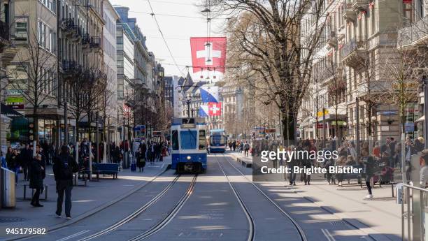 bahnhofstrasse in zürich, zurich - tram zürich stock pictures, royalty-free photos & images