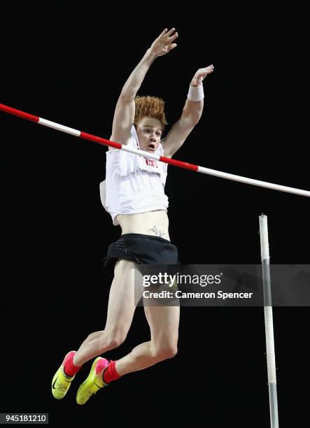 Shawnacy Barber of Canada competes in the Men's Pole Vault final during athletics on day eight of the Gold Coast 2018 Commonwealth Games at Carrara...