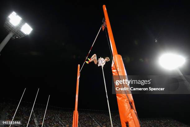 Shawnacy Barber of Canada competes in the Men's Pole Vault final during athletics on day eight of the Gold Coast 2018 Commonwealth Games at Carrara...