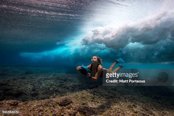 woman dives with underwater camera - free diving stock pictures, royalty-free photos & images