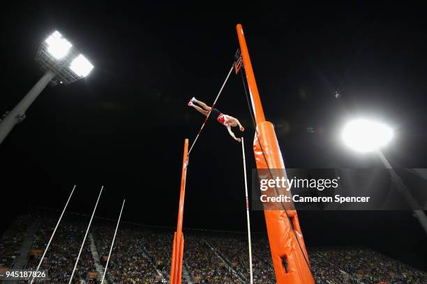 Adam Hague of England competes in the Men's Pole Vault final during athletics on day eight of the Gold Coast 2018 Commonwealth Games at Carrara...