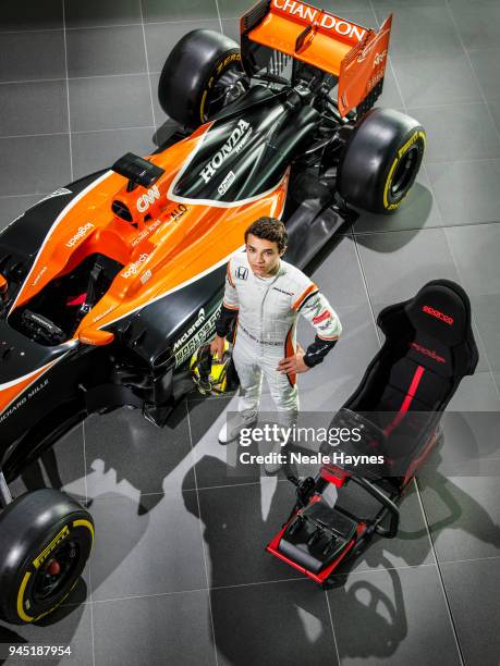 Racing driver Lando Norris is photographed for F1 racing magazine on October 25, 2017 in Woking, England.