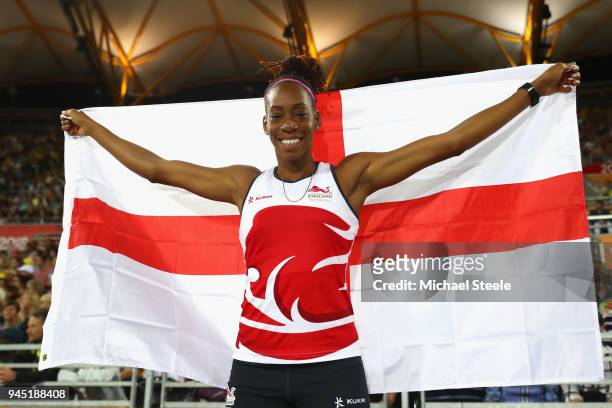 Shara Proctor of England celebrates winning bronze in the Women's Long Jump final during athletics on day eight of the Gold Coast 2018 Commonwealth...