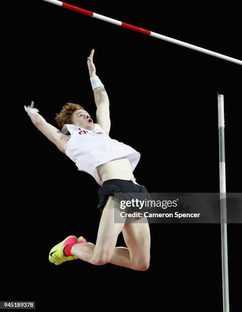 Shawnacy Barber of Canada competes in the Men's Pole Vault final during athletics on day eight of the Gold Coast 2018 Commonwealth Games at Carrara...
