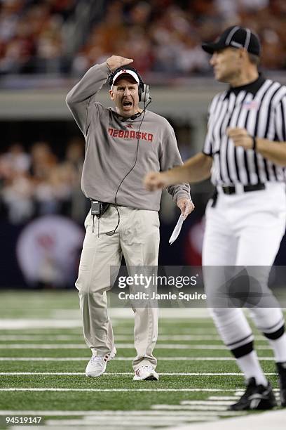 Head coach Bo Pelini of the Nebraska Cornhuskers yells at the referees during the third quarter of the game the Texas Longhorns at Cowboys Stadium on...