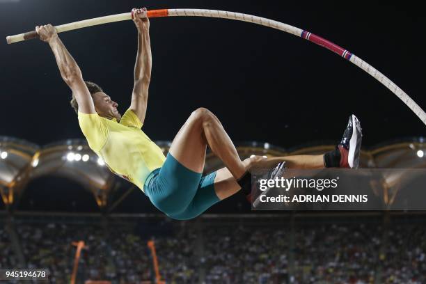 Australias Kurtis Marschall competes in the athletics men's pole vault final during the 2018 Gold Coast Commonwealth Games at the Carrara Stadium on...