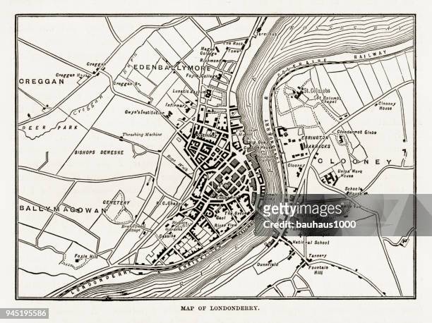 map of londonderry, derry, donegal, northern ireland, victorian engraving, 1840 - river foyle stock illustrations