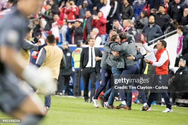 Matias Almeyda, Manager of C.D. Guadalajara celebrates his sides two leg win at the final whistle during the New York Red Bulls Vs C.D. Guadalajara...