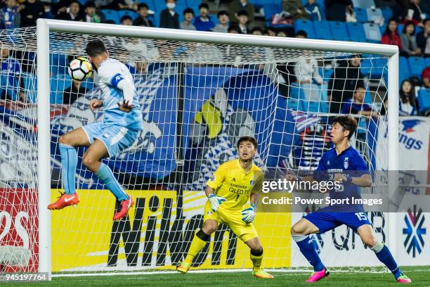 Goalkeeper Shin Hwa-Yong of Suwon Samsung Bluewings reaches for the ball after an attempt at goal by Alex Brosque of Sydney FC during the AFC...