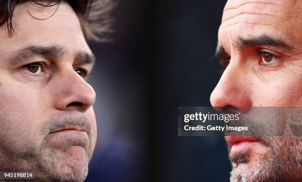 In this composite image a comparison has been made between Mauricio Pochettino, Manager of Tottenham Hotspur and Josep Guardiola, Manager of...