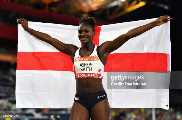 Dina Asher-Smith of England celebrates winning bronze in the Women's 200 metres final during athletics on day eight of the Gold Coast 2018...