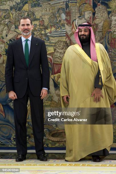 King Felipe VI of Spain receives Crown Prince Mohammad bin Salman bin Abdulaziz Al Saud of Saudi Arabia at Zarzuela Palace on April 12, 2018 in...