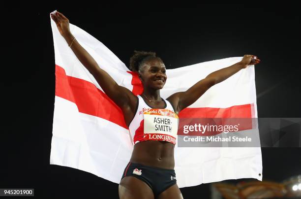 Dina Asher-Smith of England celebrates winning bronze in the Women's 200 metres final during athletics on day eight of the Gold Coast 2018...