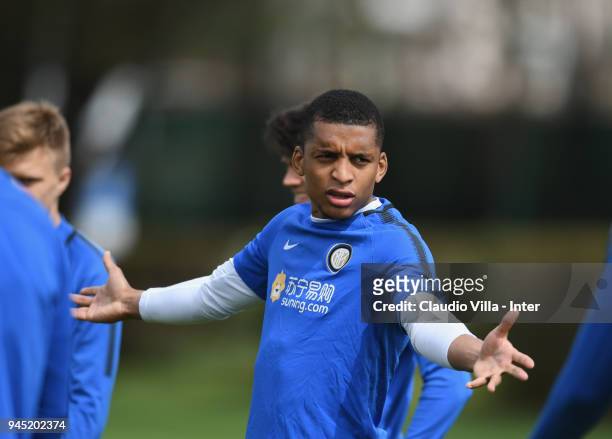 Dalbert Henrique Chagas Estevão of FC Internazionale reacts during the FC Internazionale training session at the club's training ground Suning...