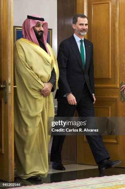 King Felipe VI of Spain receives Crown Prince Mohammad bin Salman bin Abdulaziz Al Saud of Saudi Arabia at Zarzuela Palace on April 12, 2018 in...