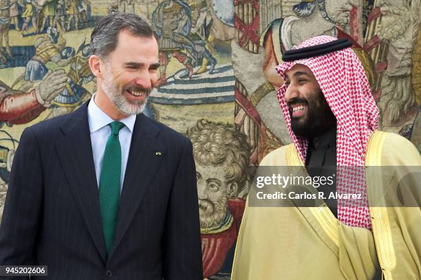 King Felipe VI of Spain receives Crown Prince Mohammad bin Salman bin Abdulaziz Al Saud of Saudi Arabia at Zarzuela Palace on April 12, 2018 in...