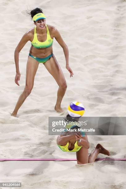 Mariafe Artacho Del Solar of Australia dives for the ball during the Beach Volleyball Women's Gold Medal match between Mariafe Artacho Del Solar and...