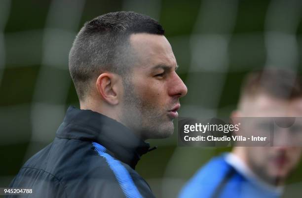 Samir Handanovic of FC Internazionale looks on during the FC Internazionale training session at the club's training ground Suning Training Center in...