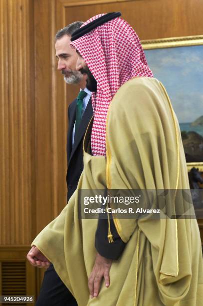 King Felipe VI of Spain receives Crown Prince Mohammad bin Salman bin Abdulaziz Al Saud of Saudi Arabia at Zarzuela Palace on April 12, 2018 in...