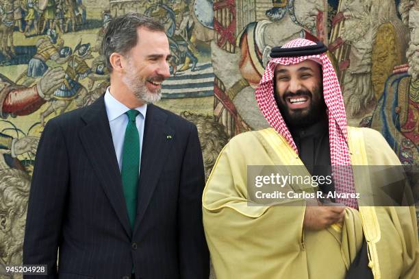 King Felipe VI of Spain receives Crown Prince Mohammad bin Salman bin Abdulaziz Al Saud of Saudi Arabia at Zarzuela Palace on April 12, 2018 in...