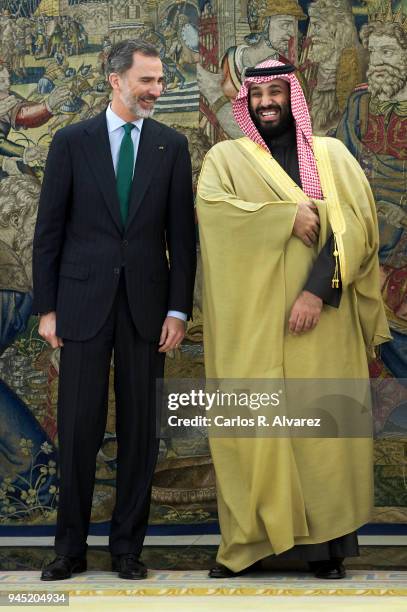 King Felipe VI of Spain receives Crown Prince Mohammad bin Salman bin Abdulaziz Al Saud of Saudi Arabia at Zarzuela Palace on April 12, 2018 in...