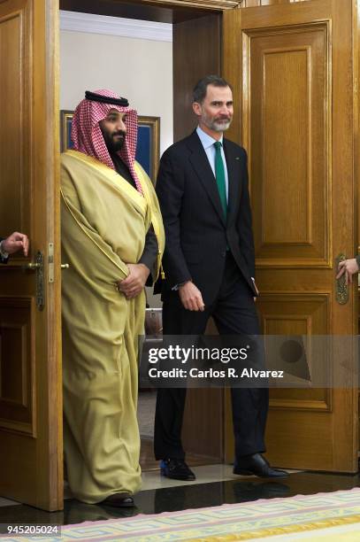 King Felipe VI of Spain receives Crown Prince Mohammad bin Salman bin Abdulaziz Al Saud of Saudi Arabia at Zarzuela Palace on April 12, 2018 in...