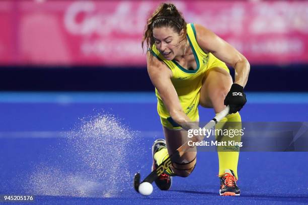 Karri McMahon of Australia passes during Women's Semi Final Hockey match between Australia and India on day eight of the Gold Coast 2018 Commonwealth...