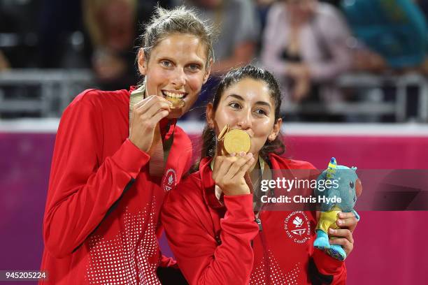 Sarah Pavan and Melissa Humana-Paredes of Canada celebrate winning the Beach Volleyball Women's Gold Medal match between Mariafe Artacho Del Solar...