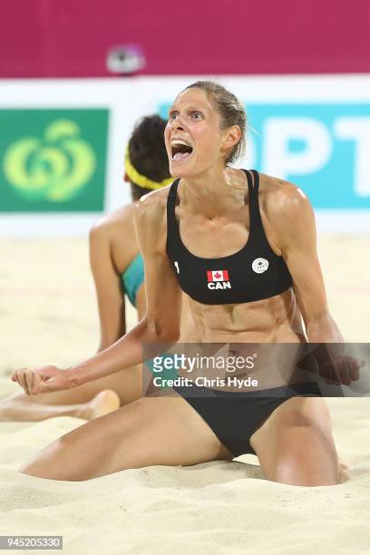 Sarah Pavan and Melissa Humana-Paredes of Canada celebrate winning the Beach Volleyball Women's Gold Medal match between Mariafe Artacho Del Solar...