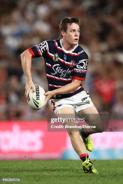 Luke Keary of the Roosters passes the ball to a team mate during the round six NRL match between the Sydney Roosters and the South Sydney Rabbitohs...