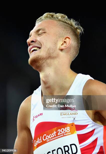 Kyle Langford of England reacts as he wins silver in the Men's 800 metres final during athletics on day eight of the Gold Coast 2018 Commonwealth...