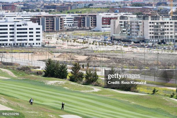 General view as Bradley Neil of Scotland plays his second shot at the 4th hole during day one of Open de Espana at Centro Nacional de Golf on April...