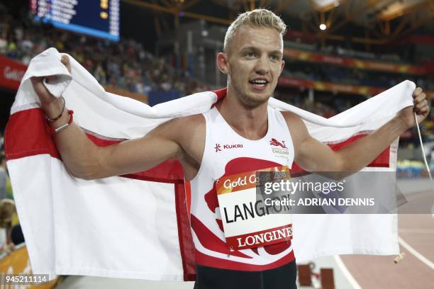 Englands Kyle Langford celebrates winning the silver medal in the athletics men's 800m final during the 2018 Gold Coast Commonwealth Games at the...