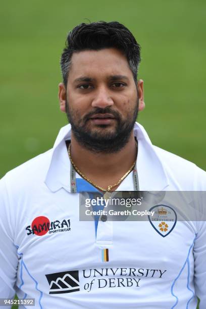 Ravi Rampaul of Derbyshire poses for a portrait during Derbyshire CCC Photocall at The 3aaa County Ground on April 12, 2018 in Derby, England.