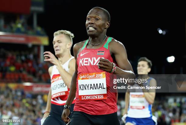 Wycliffe Kinyamal of Kenya races the line to win gold ahead of Kyle Langford of England in the Men's 800 metres final during athletics on day eight...