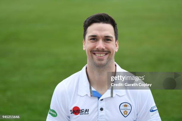 Billy Godleman of Derbyshire poses for a portrait during Derbyshire CCC Photocall at The 3aaa County Ground on April 12, 2018 in Derby, England.