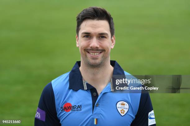 Billy Godleman of Derbyshire poses for a portrait during Derbyshire CCC Photocall at The 3aaa County Ground on April 12, 2018 in Derby, England.