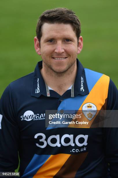 Gary Wilson of Derbyshire poses for a portrait during Derbyshire CCC Photocall at The 3aaa County Ground on April 12, 2018 in Derby, England.