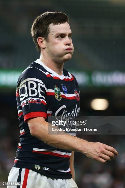Luke Keary of the Roosters walks off the field during the round six NRL match between the Sydney Roosters and the South Sydney Rabbitohs at Allianz...