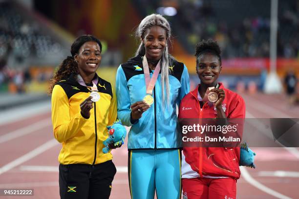 Silver medalist Shericka Jackson of Jamaica, gold medalist Shaunae Miller-Uibo of the Bahamas and bronze medalist Dina Asher-Smith of England pose...