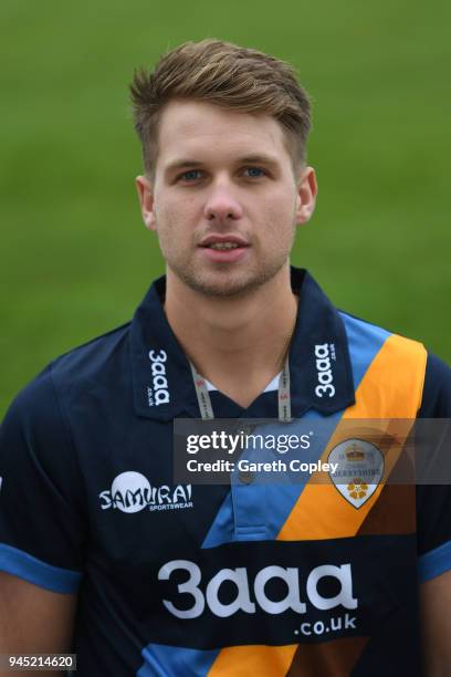 Matt Critchley of Derbyshire poses for a portrait during Derbyshire CCC Photocall at The 3aaa County Ground on April 12, 2018 in Derby, England.