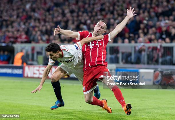 Franck Ribery of FC Bayern Muenchen is challenged by Jesus Navas of FC Sevilla during the UEFA Champions League Quarter Final second leg match...