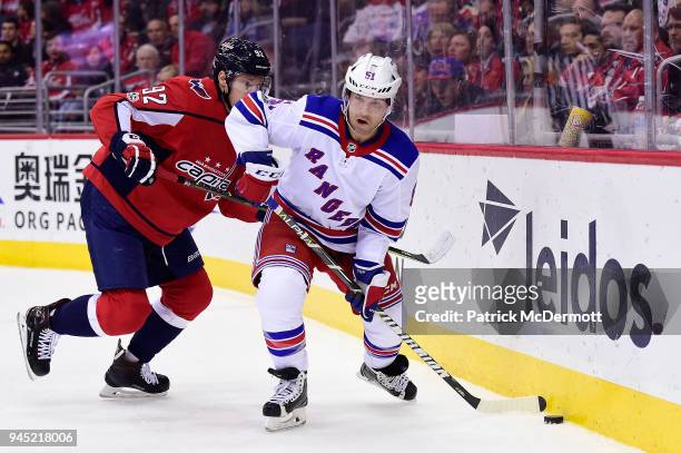 David Desharnais of the New York Rangers and Evgeny Kuznetsov of the Washington Capitals battle for the puck in the second period at Capital One...