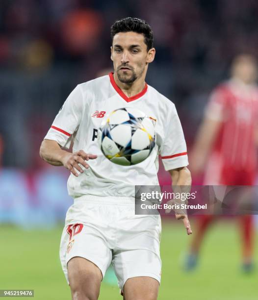 Jesus Navas of FC Sevilla controls the ball during the UEFA Champions League Quarter Final second leg match between Bayern Muenchen and Sevilla FC at...